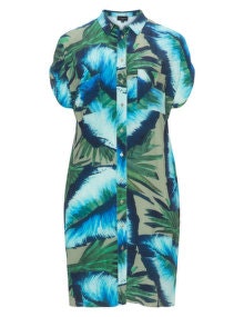 Live Unlimited London Printed cold shoulder shirt dress Khaki-Green / Blue