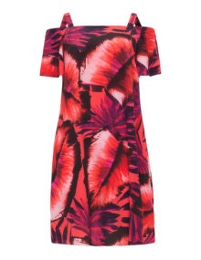 Live Unlimited London Tropical print off-the-shoulder dress Red / Pink