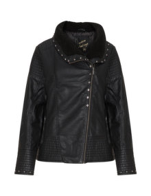 Mat Shearling lined faux leather jacket Black