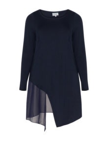 Live Unlimited London Asymmetric chiffon and jersey tunic Dark-Blue