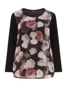 Verpass Chiffon rose print jersey top  Black / Dusky-Pink