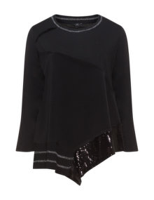 Vento Maro Asymmetric mixed fabric top Black