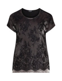 Via Appia Due Lace trim velvet top  Black / Sand