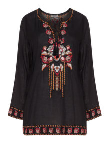Open End Embroidered lace up tunic  Black / Multicolour