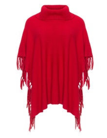 Passioni Fringed knit cape Red