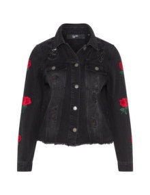Simply Be Embroidered denim jacket Black