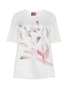 Aprico Diamanté and feather print satin t-shirt Cream / Multicolour
