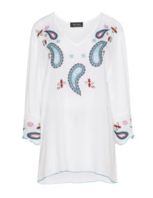 Vincenzo Allocca Embroidered paisley print crepe tunic Ivory-White / Blue