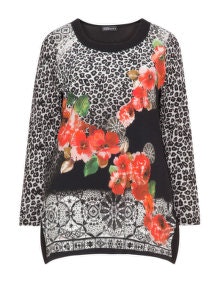 seeyou Animal print and floral jersey top Black / Red