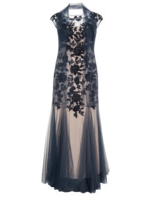 Mascara Floral embroidered evening gown Dark-Blue / Sand