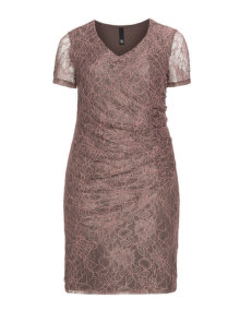 Manon Baptiste Ruched lace pencil dress Taupe-Grey / Coral-Orange
