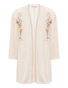 Velvet Pop Floral embroidered open front jacket  Beige / Multicolour