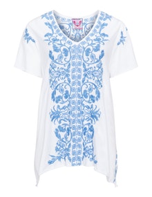 Johnny Was Embroidered cotton top White / Blue